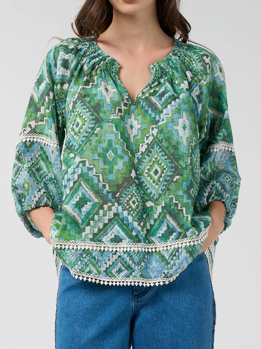 Image of a model wearing Tops. Product name - LOOBIE'S STORY SHINHALA TOP in Jungle colour by brand - Loobies Story