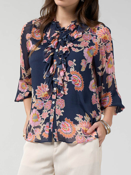 Image of a model wearing Tops. Product name - LOOBIE'S STORY MARISSA BLOUSE in Indigo colour by brand - Loobies Story