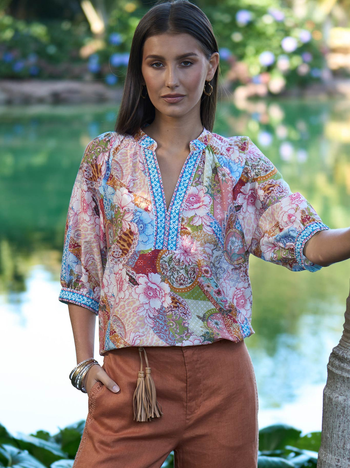 Image of a model wearing Tops. Product name - Loobie'S Story Dalia Blouse in Multi colour by brand - Loobies Story