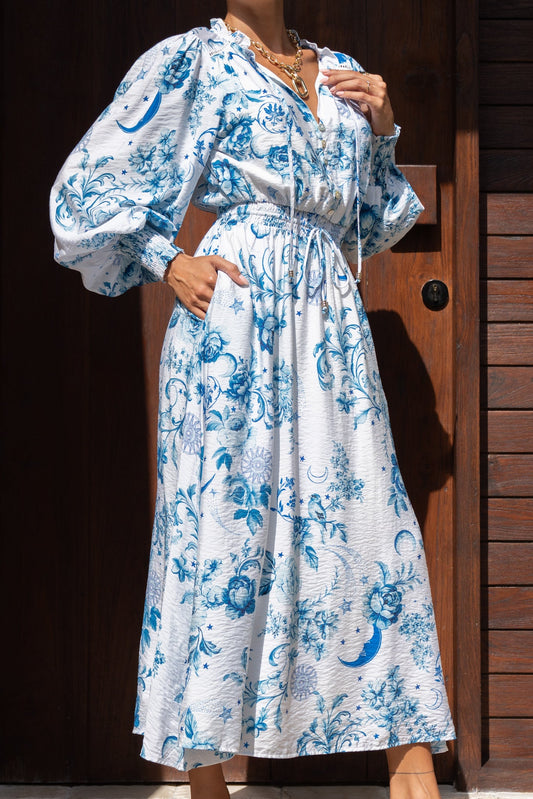 Heychic Lorellina Floral Long Sleeve Button Maxi Dress (Blue)