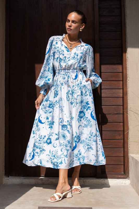 Image of Dresses. Productname: Heychic Lorellina Blue Floral Long Sleeve Button Maxi Dress in Blue colour by brand - Heychic