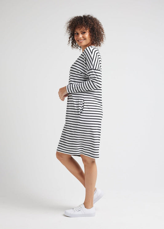 Image of Dresses. Product name - Turner Long-Sleeve Bamboo T-Shirt Dress Grey Marle & Black Stripe in Grey Marle & Black Stripe colour by brand - Lou Lou