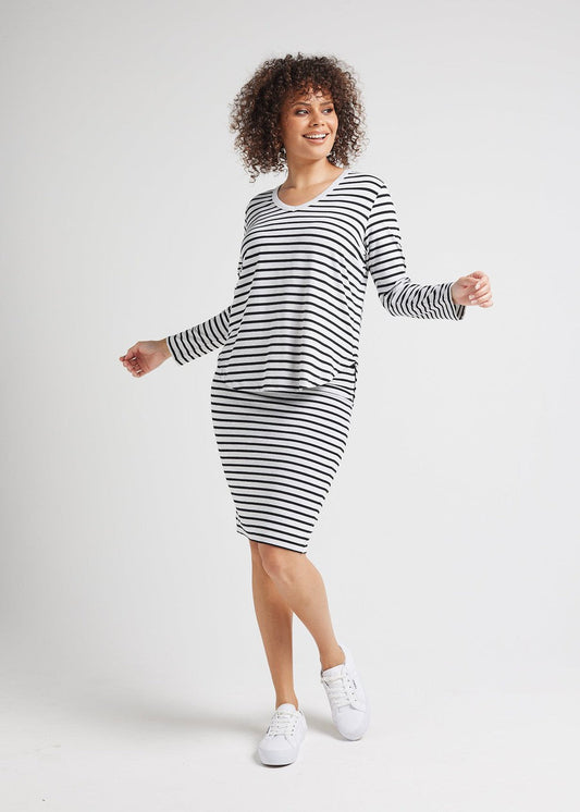 Image of a model wearing Tops. Product name - Sia V Neck Bamboo Longsleeve Top Grey Marle & Black Stripe in Grey Marle & Black Stripe colour by brand - Lou Lou
