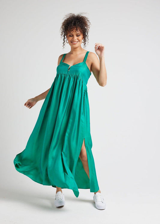 Lou Lou Begonia Sleeveless Silk Maxi Dress (Emerald Green)