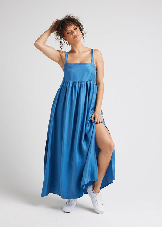 Image of Dresses. Product name - Begonia Sleeveless Silk Maxi Dress Ocean Blue in Ocean Blue colour by brand - Lou Lou