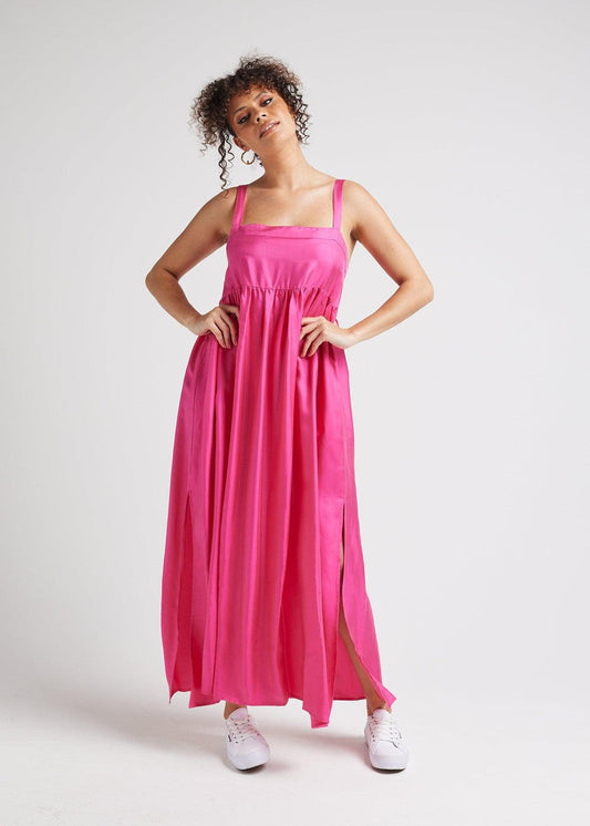 Image of Dresses. Product name - Begonia Sleeveless Silk Maxi Dress Fuschia in Fuschia colour by brand - Lou Lou