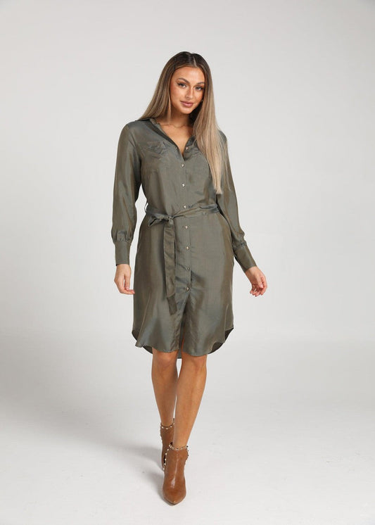 Image of Dresses. Product name - The Silk Long-sleeve Shirt Dress in Combat colour by brand - Lou Lou