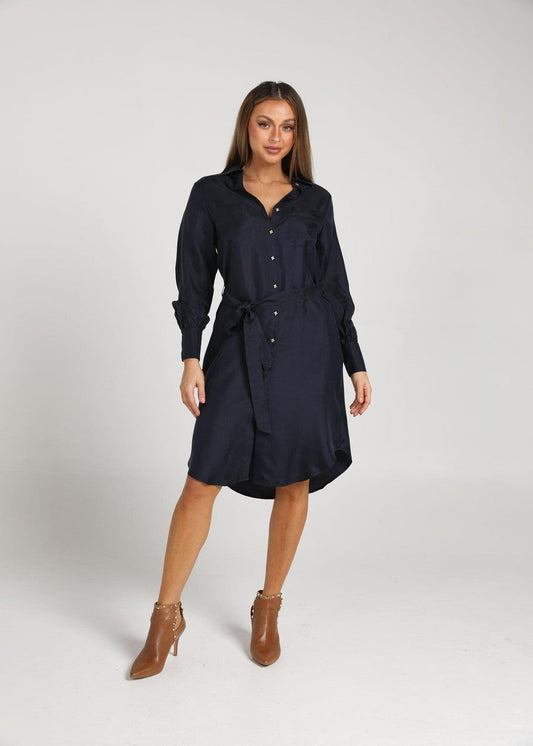 Image of Dresses. Product name - The Silk Long-sleeve Shirt Dress Ink in Ink colour by brand - Lou Lou