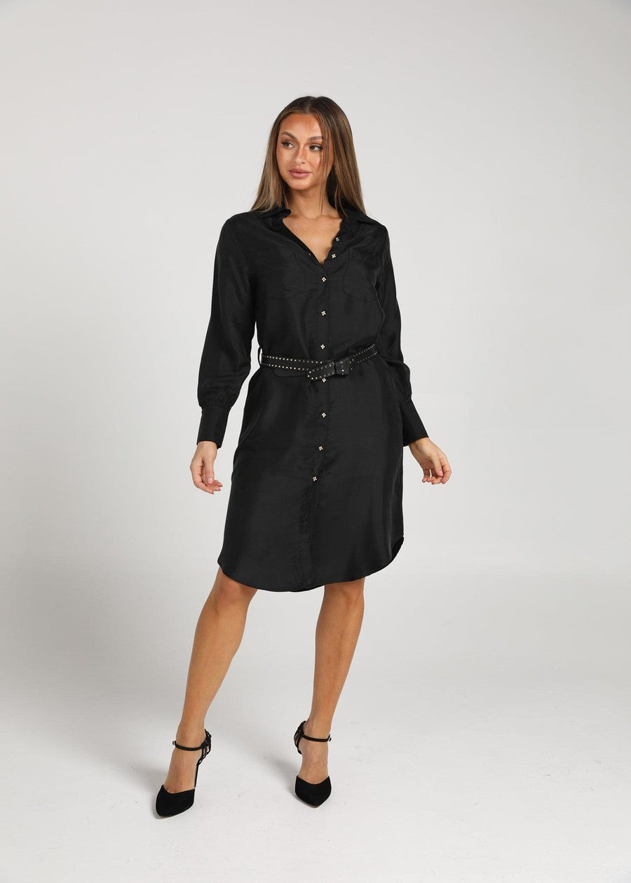 Image of Dresses. Product name - The Silk Long-sleeve Shirt Dress Black in Black colour by brand - Lou Lou