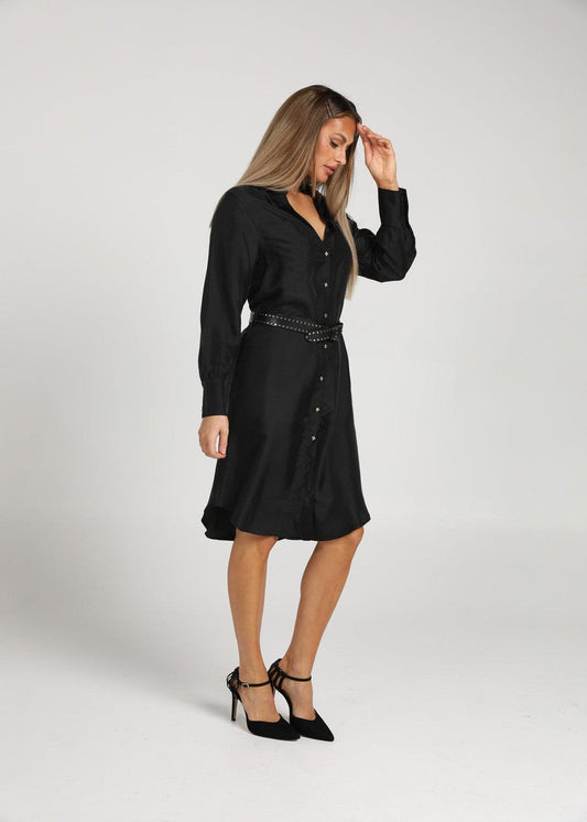 Lou Lou The Silk Long-sleeve Shirt Dress (Black)