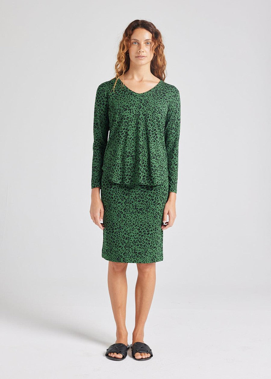 Image of a model wearing Tops. Product name - Sia V Neck Bamboo Longsleeve Top Green Leopard in Green Leopard colour by brand - Lou Lou