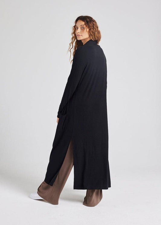 Lou Lou Ribbed Bamboo Long-Line Pocket Cardigan (Black)