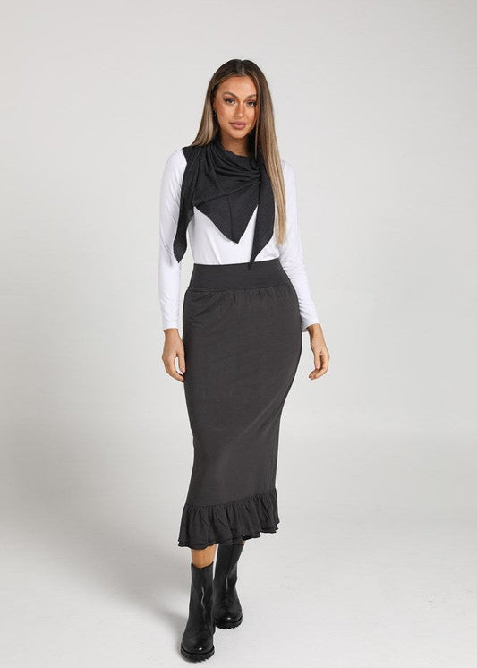 Image of a model wearing Outerwear. Product name - Sassoon Cashmere/Bamboo Scarf Steel in Steel colour by brand - Lou Lou