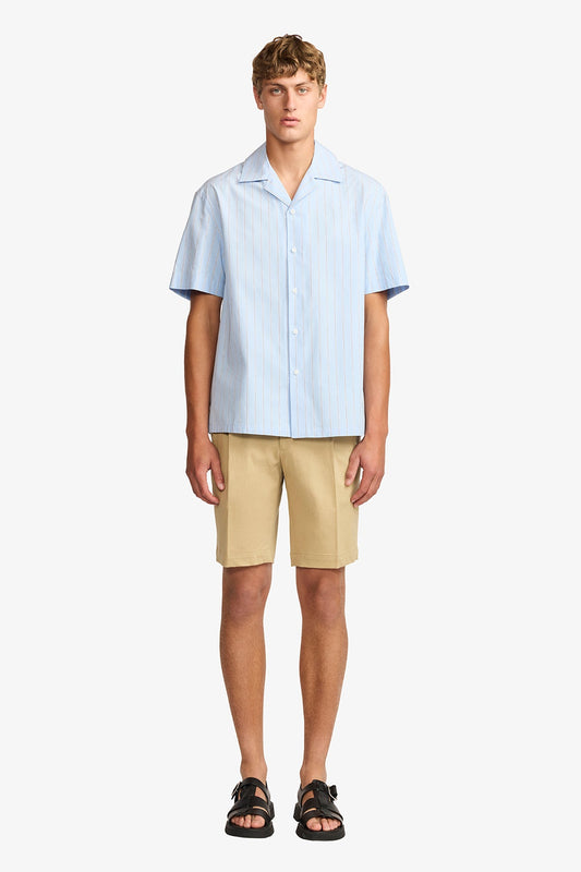 Image of a model wearing Tops. Productname: Anthony Squires Ly blue stripe poplin S/S shirt in Blue colour by brand - Anthony Squires