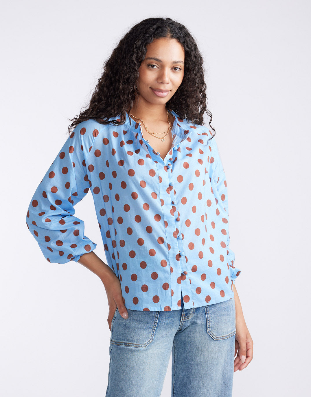 Image of a model wearing Tops. Product name - Malta Blouse Powder Blue/Mocha in Powder Blue/Mocha colour by brand - 132 Fashion