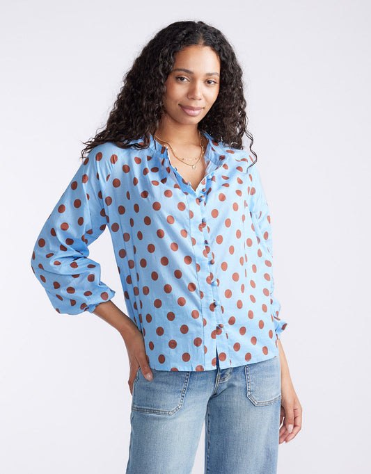 Image of a model wearing Tops. Product name - Malta Blouse Powder Blue/Mocha in Powder Blue/Mocha colour by brand - 132 Fashion