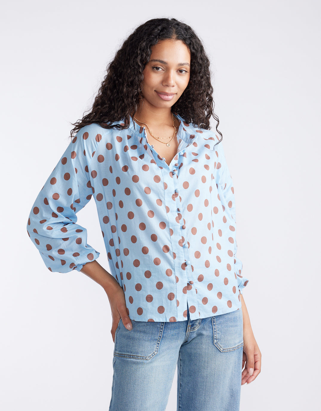 Image of a model wearing Tops. Product name - Malta Blouse Powder Blue/Mocha in Powder Blue/Mocha colour by brand - 132 Fashion