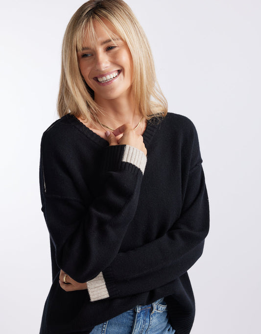 Image of a model wearing Outerwear. Product name - Marais Wool Cashmere Knit Black in Black colour by brand - White & Co.