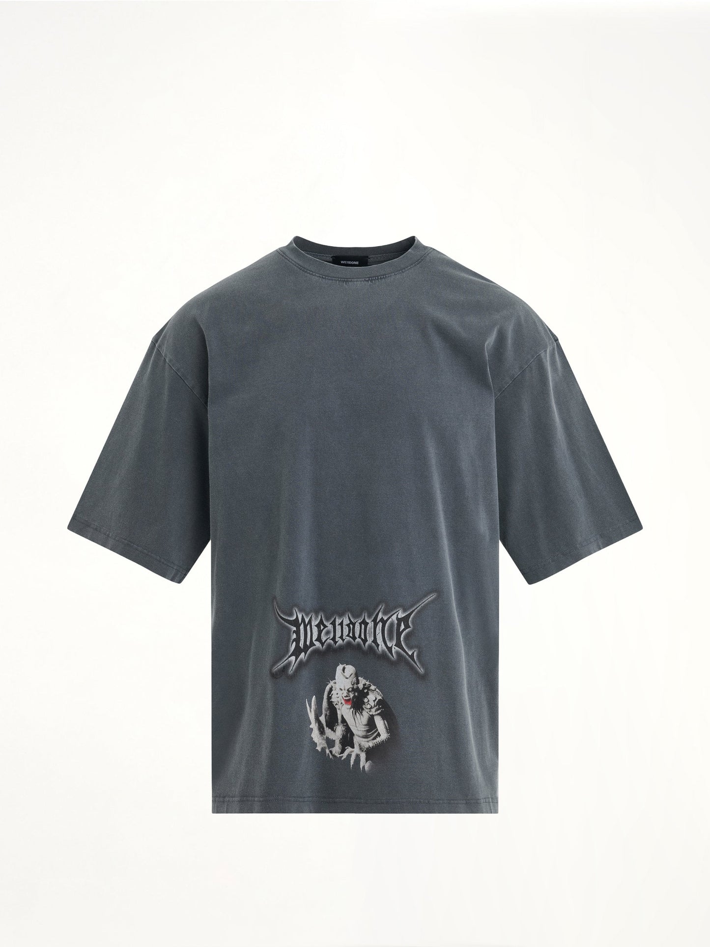 Image of a model wearing Tops. Productname: WE11DONE Vintage Horror Print T-Shirt in Navy colour by brand - WE11DONE