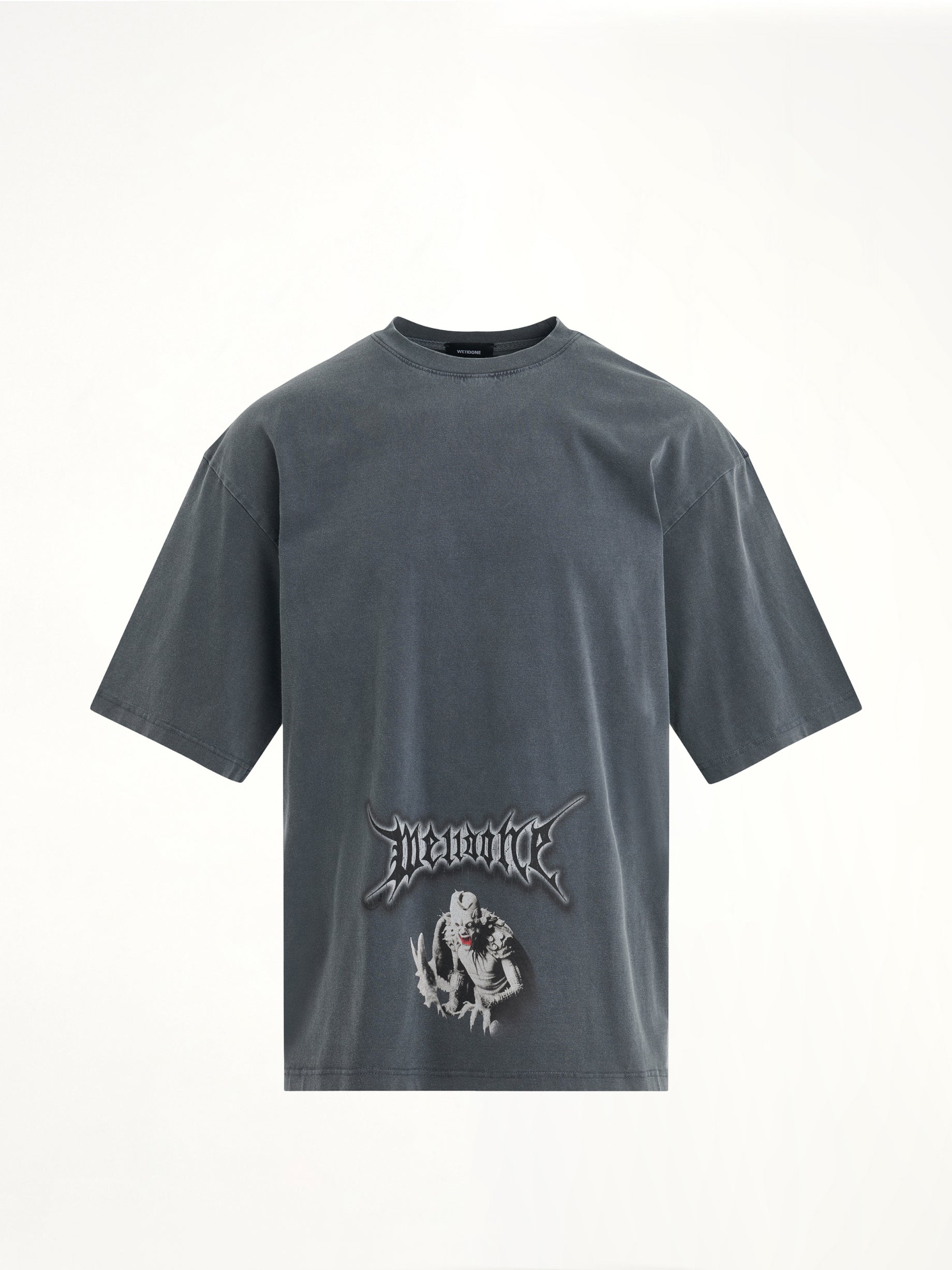 Image of a model wearing Tops. Productname: WE11DONE Vintage Horror Print T-Shirt in Navy colour by brand - WE11DONE