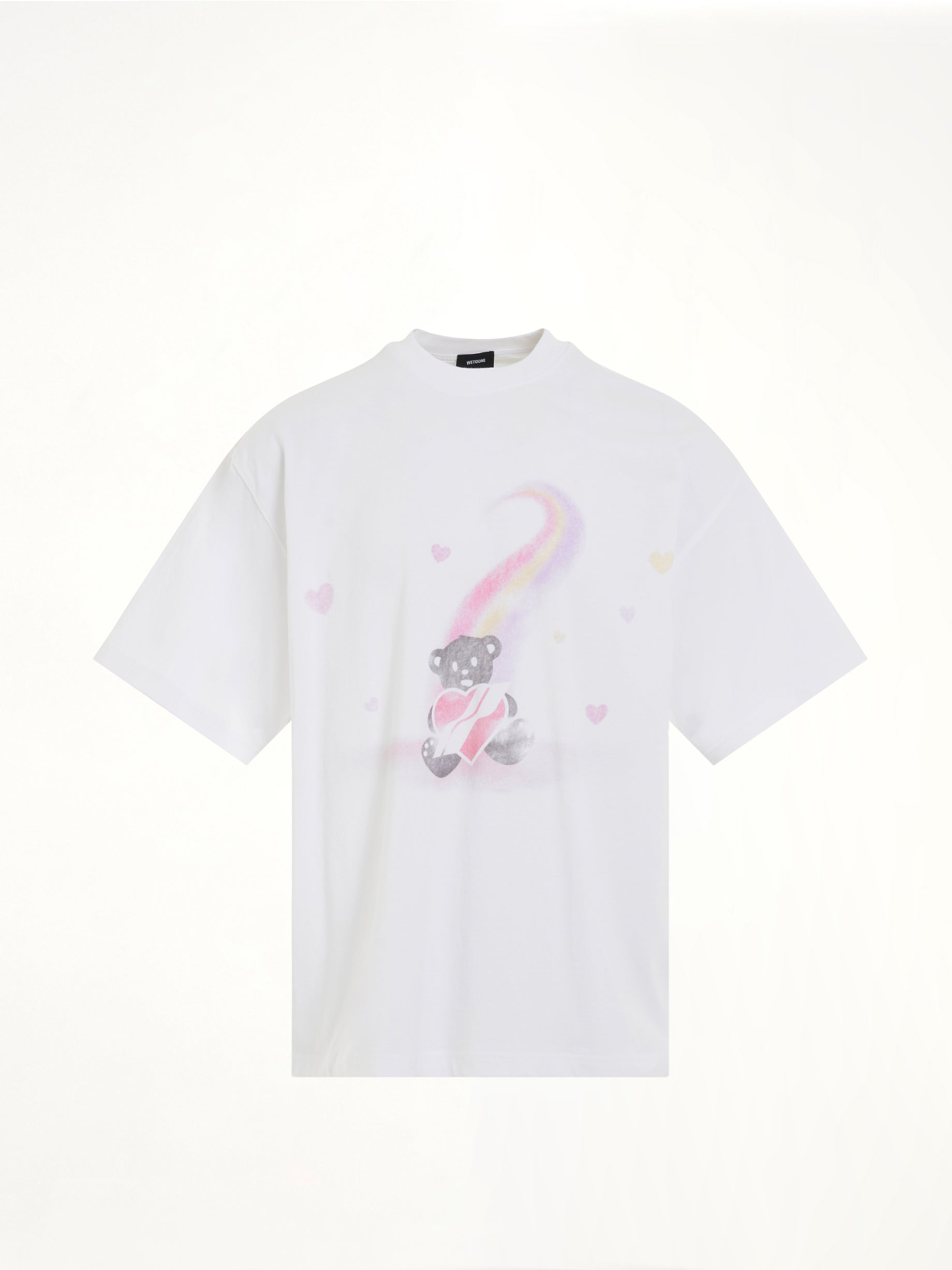 Image of a model wearing Tops. Productname: WE11DONE Teddy Bear Print T-Shirt in White colour by brand - WE11DONE