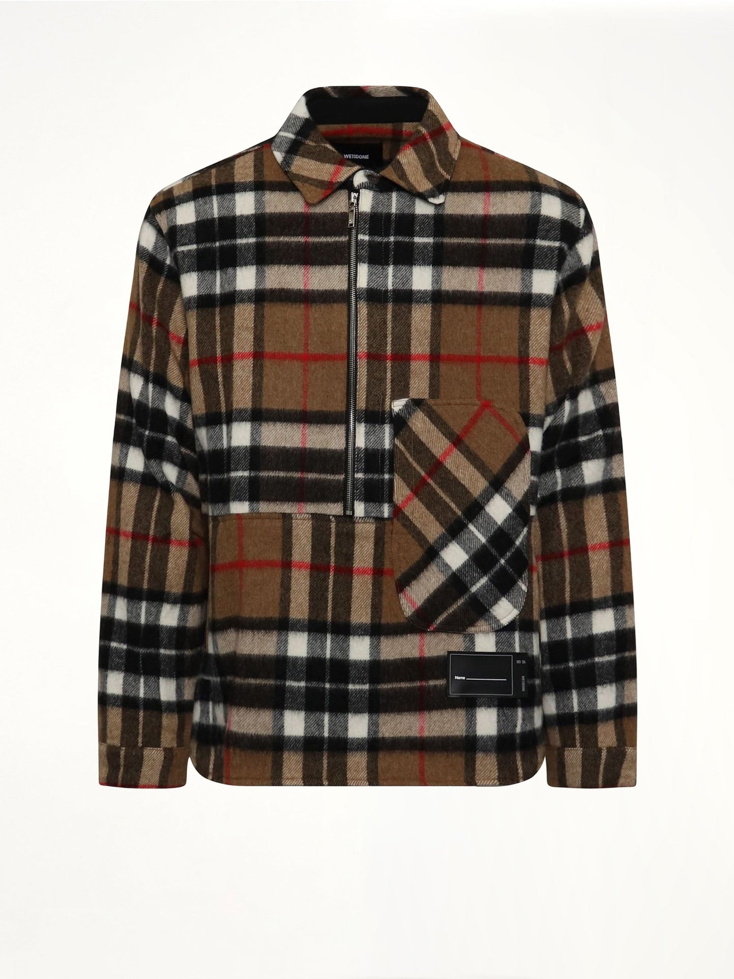 Image of a model wearing Outerwear. Productname: WE11DONE Check Anorak Wool Shirt in Brown colour by brand - WE11DONE