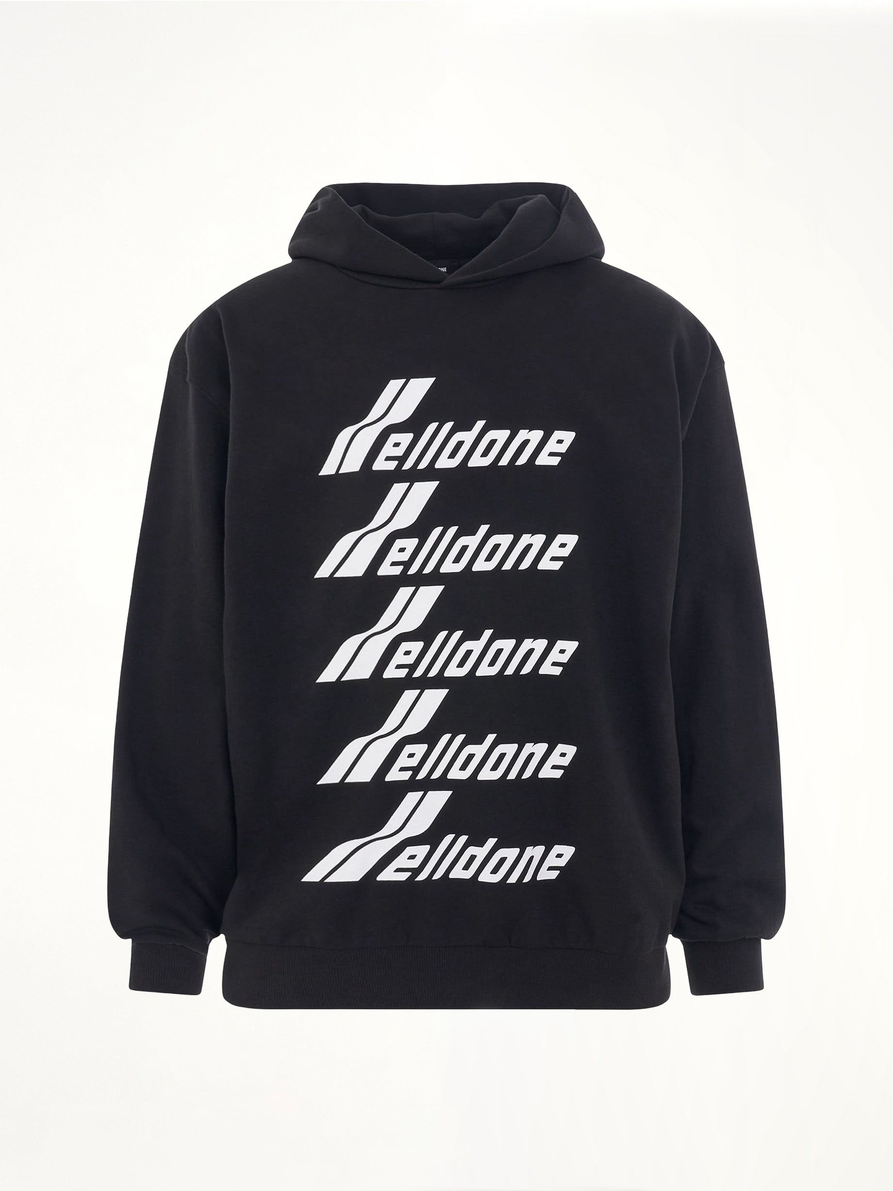Image of a model wearing Outerwear. Productname: WE11DONE Multiple Front Logo Hoodie in Black colour by brand - WE11DONE