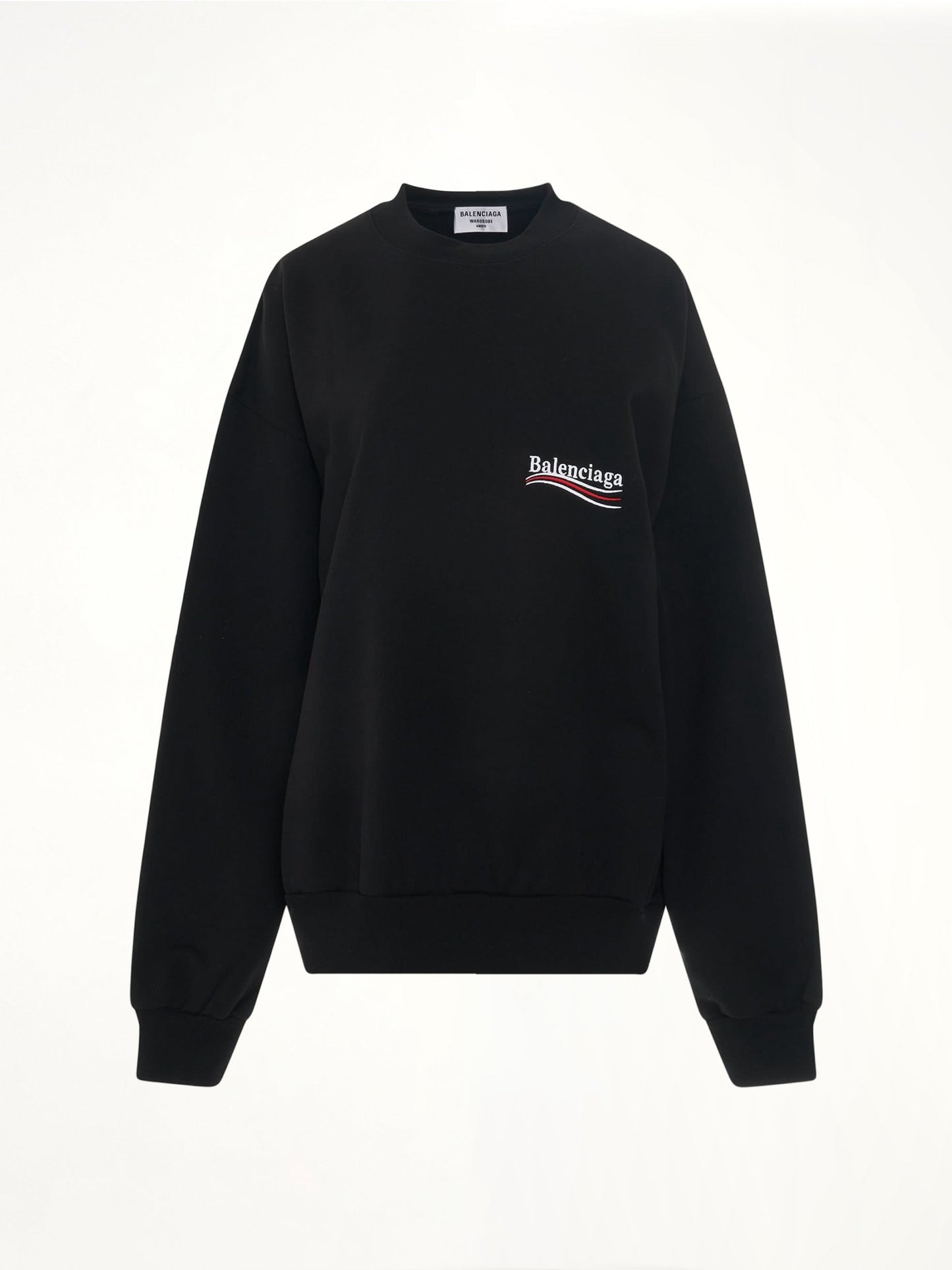 Image of a model wearing Outerwear. Productname: BALENCIAGA Political Campaign Sweatshirt in Black/White colour by brand - BALENCIAGA