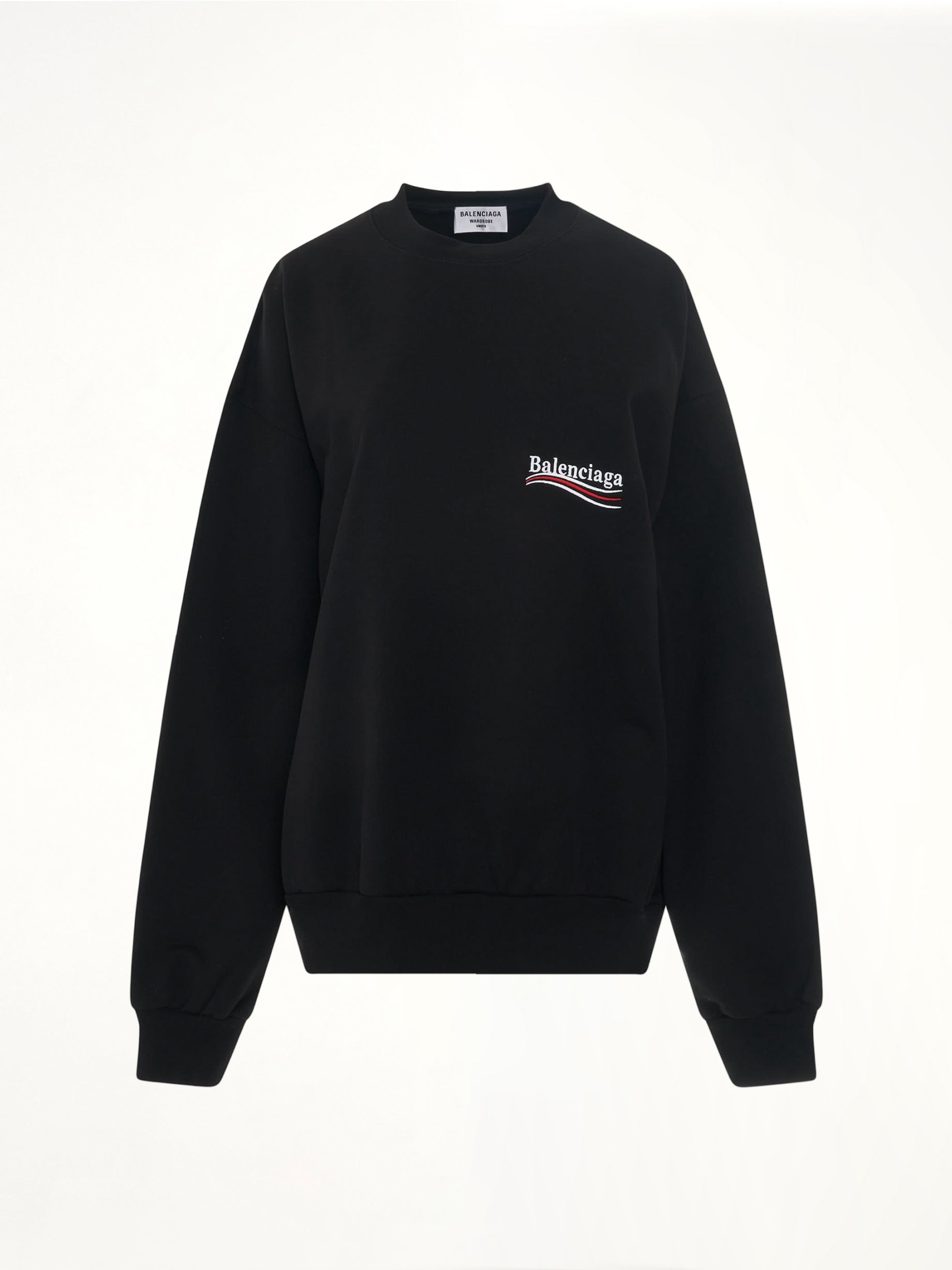 Image of a model wearing Outerwear. Productname: BALENCIAGA Political Campaign Sweatshirt in Black/White colour by brand - BALENCIAGA