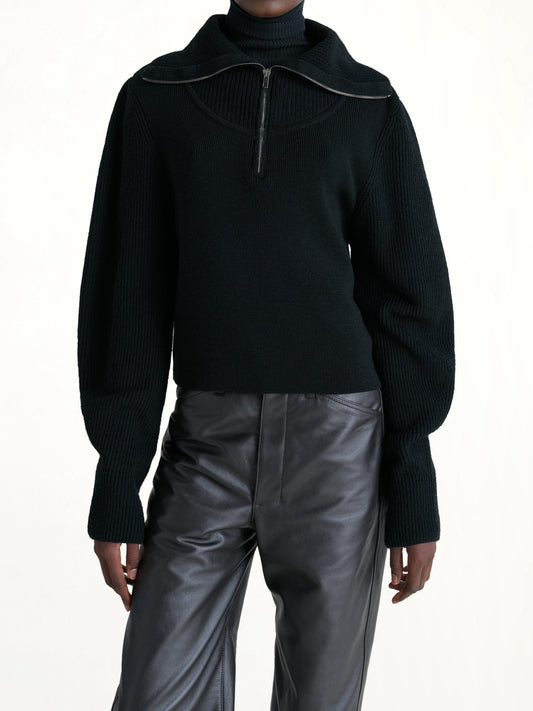 Image of a model wearing Outerwear. Productname: LEMAIRE Zipped Sweater in Black colour by brand - LEMAIRE