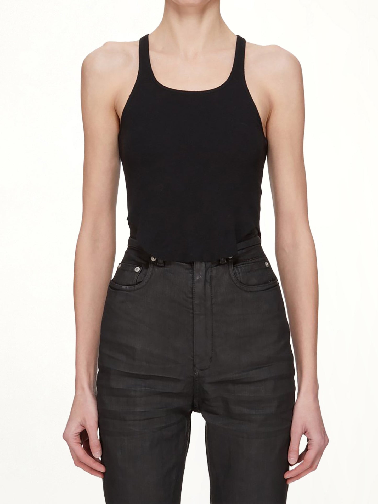 Image of a model wearing Tops. Productname: RICK OWENS DRKSHDW Basic Cropped Tank in Black colour by brand - RICK OWENS DRKSHDW