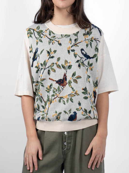 Image of a model wearing Outerwear. Product name - M.A Dainty Sofa Knit Top in Birds colour by brand - M.A Dainty
