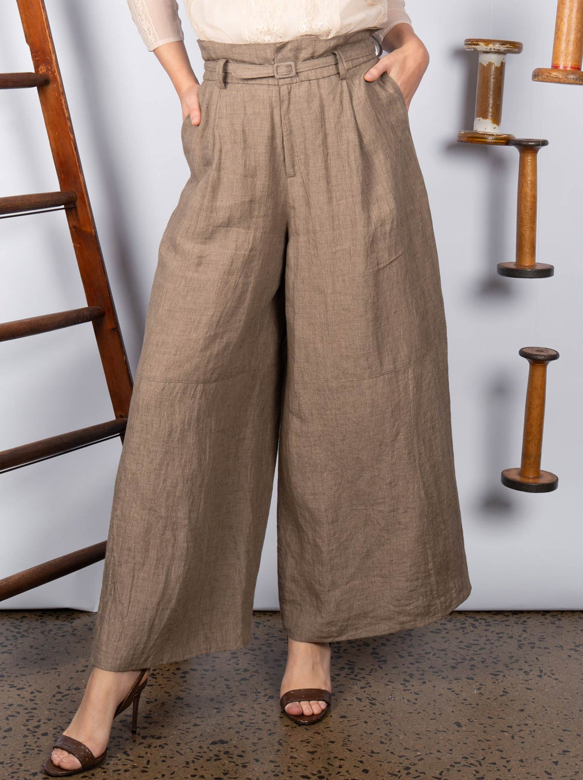 Image of a model wearing Pants. Product name - M.A Dainty Downtown Pant in Rock colour by brand - M.A Dainty