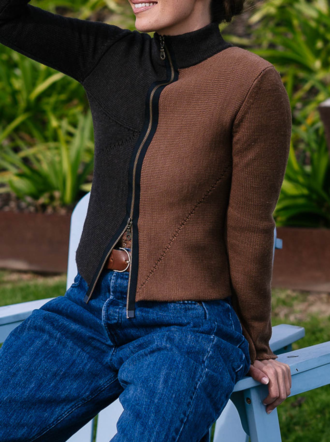 Image of a model wearing Outerwear. Productname: M.A Dainty Elliot Knit in Tan colour by brand - M.A Dainty