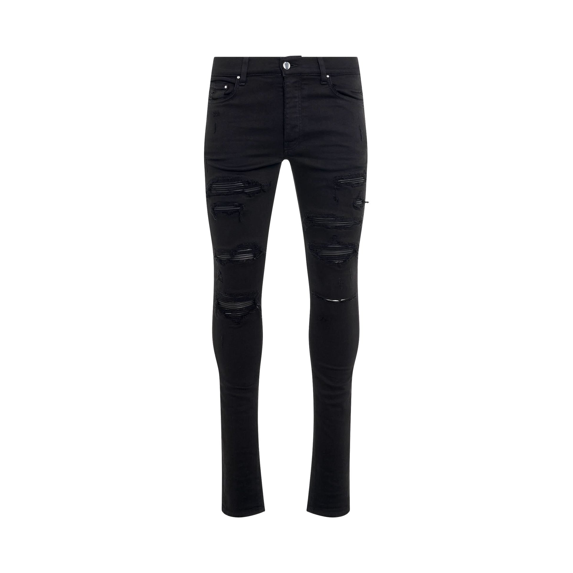 Image of Jeans. Product name - Leather Thrasher Jeans in Black Od colour by brand - AMIRI