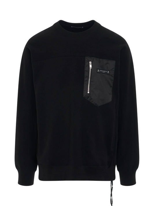 Image of a model wearing Outerwear. Productname: MASTERMIND JAPAN Logo Mountain Sweatshirt in BLACK colour by brand - MASTERMIND JAPAN