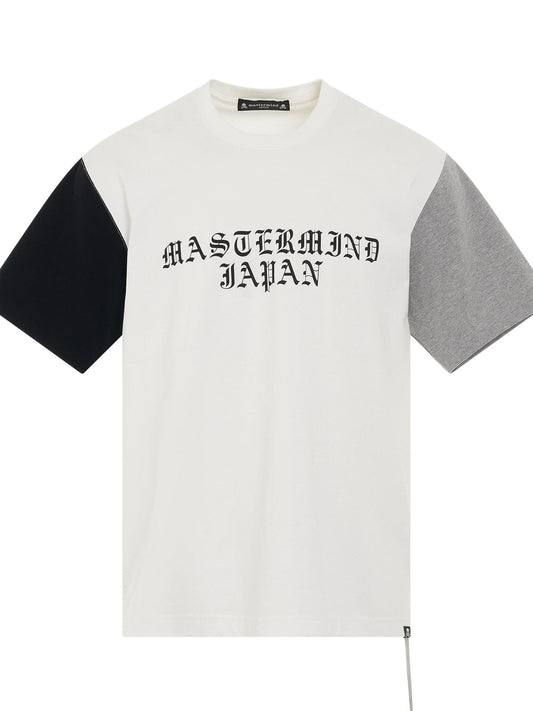 Image of a model wearing Tops. Productname: MASTERMIND JAPAN Colourblock Logo T-Shirt in WHITE colour by brand - MASTERMIND JAPAN
