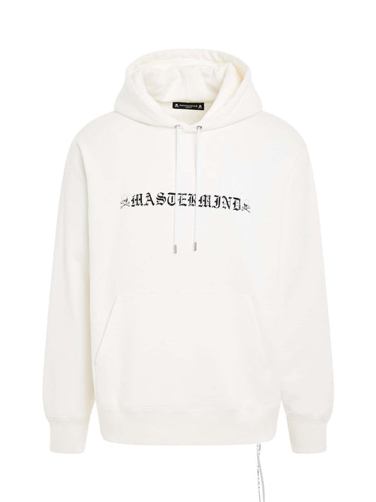 Image of a model wearing Outerwear. Productname: MASTERMIND JAPAN Rubbed Logo Hoodie in WHITE colour by brand - MASTERMIND JAPAN
