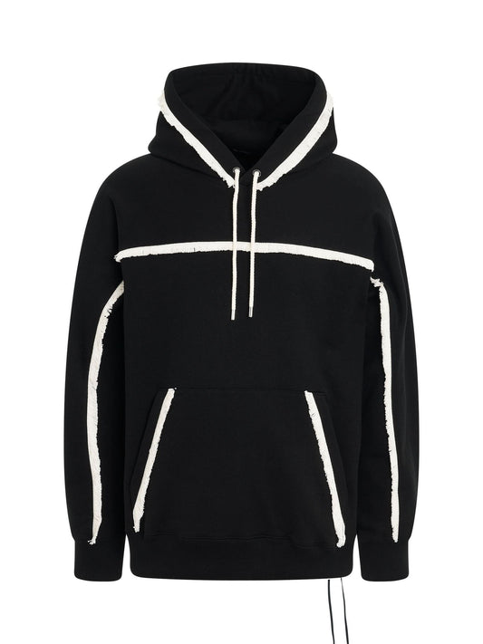 Image of a model wearing Outerwear. Productname: MASTERMIND JAPAN Fringe Hoodie in BLACK colour by brand - MASTERMIND JAPAN