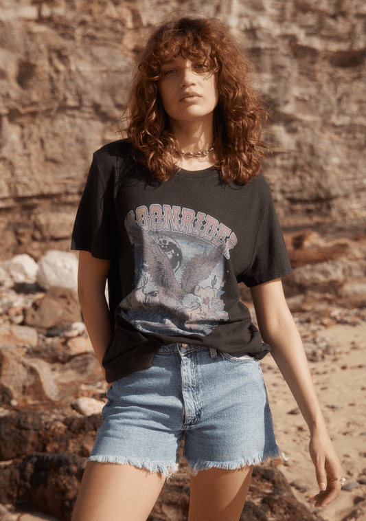 Image of a model wearing Tops. Productname: Auguste The Label Moonrider Classic Tee in Print colour by brand - Auguste The Label