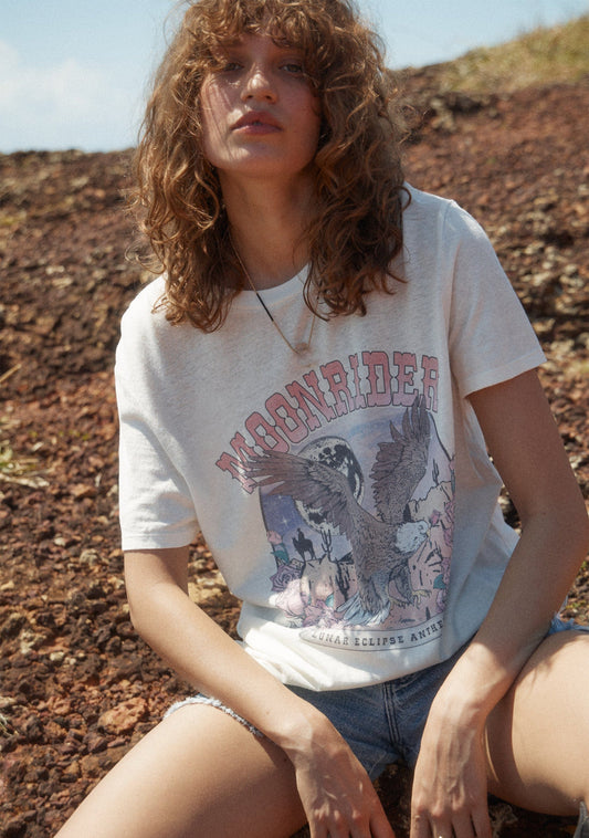 Image of a model wearing Tops. Productname: Auguste The Label Moonrider Classic Tee in White colour by brand - Auguste The Label