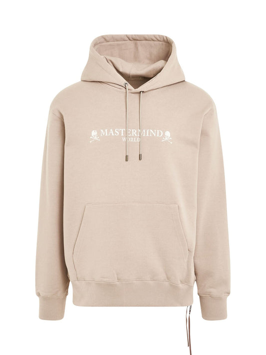 Image of a model wearing Outerwear. Productname: MASTERMIND Rubbed Logo Hoodie in BEIGE colour by brand - MASTERMIND