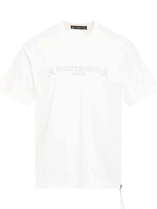 Image of a model wearing Tops. Productname: MASTERMIND Brilliant Logo T-Shirt in WHITE colour by brand - MASTERMIND