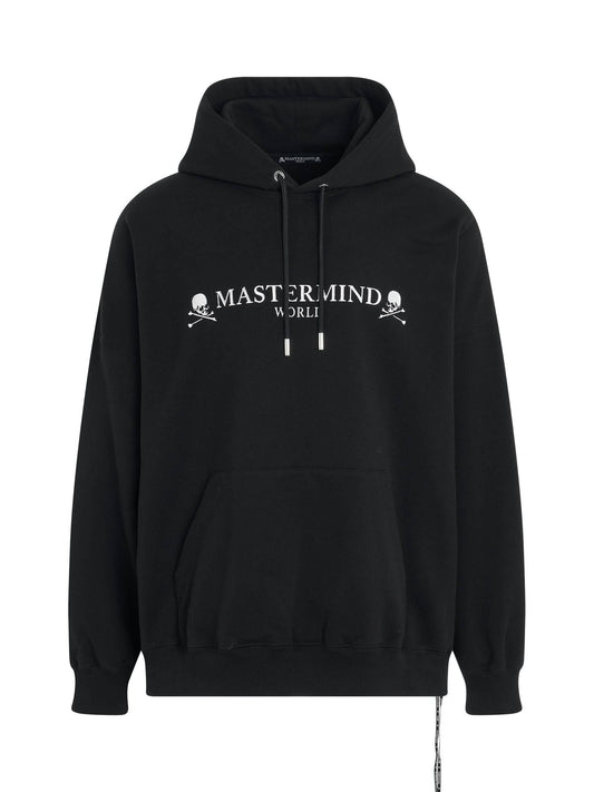 Image of a model wearing Outerwear. Productname: MASTERMIND Embroiderish Oversized Hoodie in BLACK colour by brand - MASTERMIND