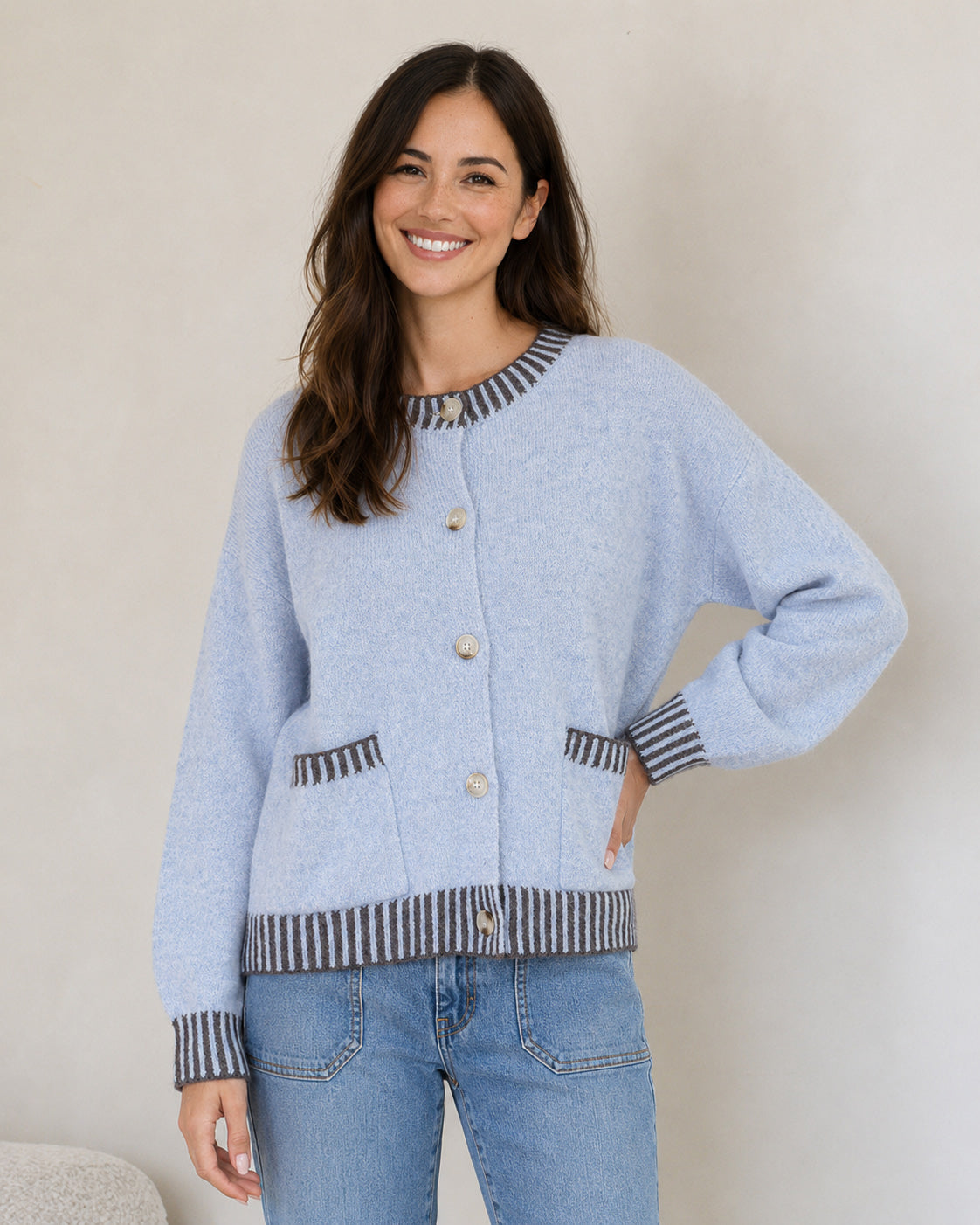 132 Fashion Macie Wool Blend Cardi (Blue/Choc)