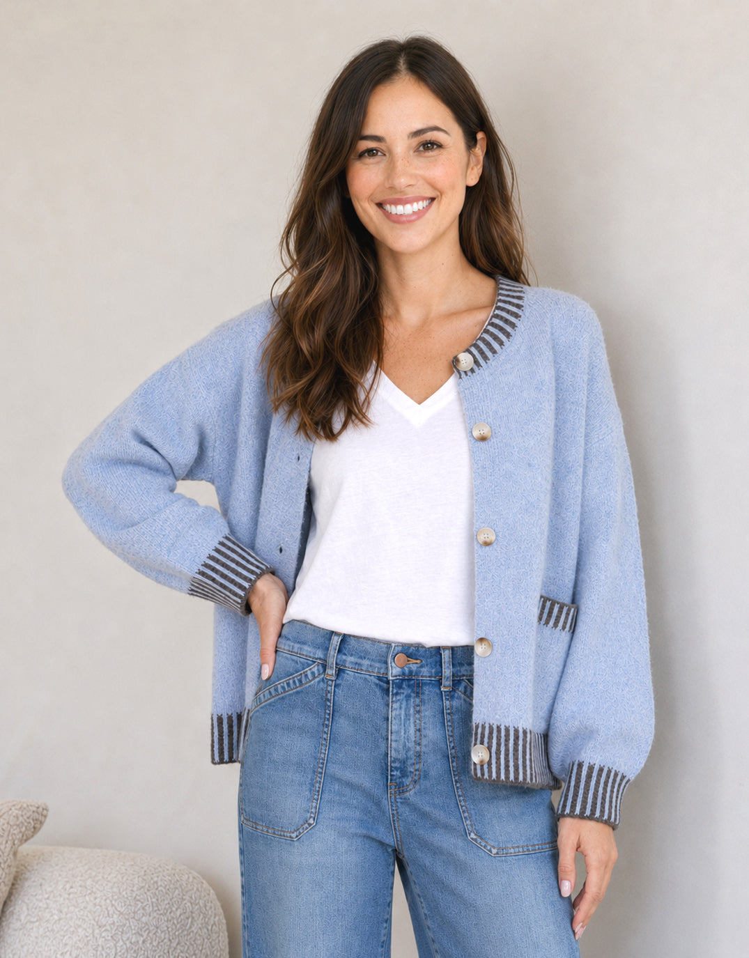 132 Fashion Macie Wool Blend Cardi (Blue/Choc)