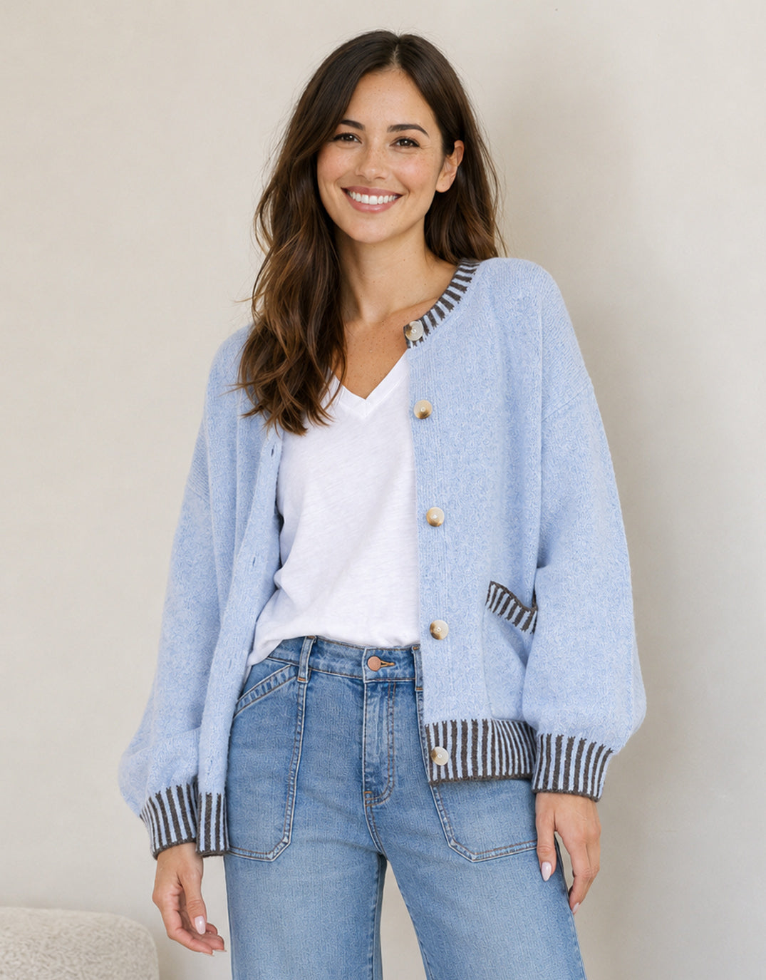 Image of a model wearing Outerwear. Product name - Macie Wool Blend Cardi Blue/Choc in Blue/Choc colour by brand - 132 Fashion