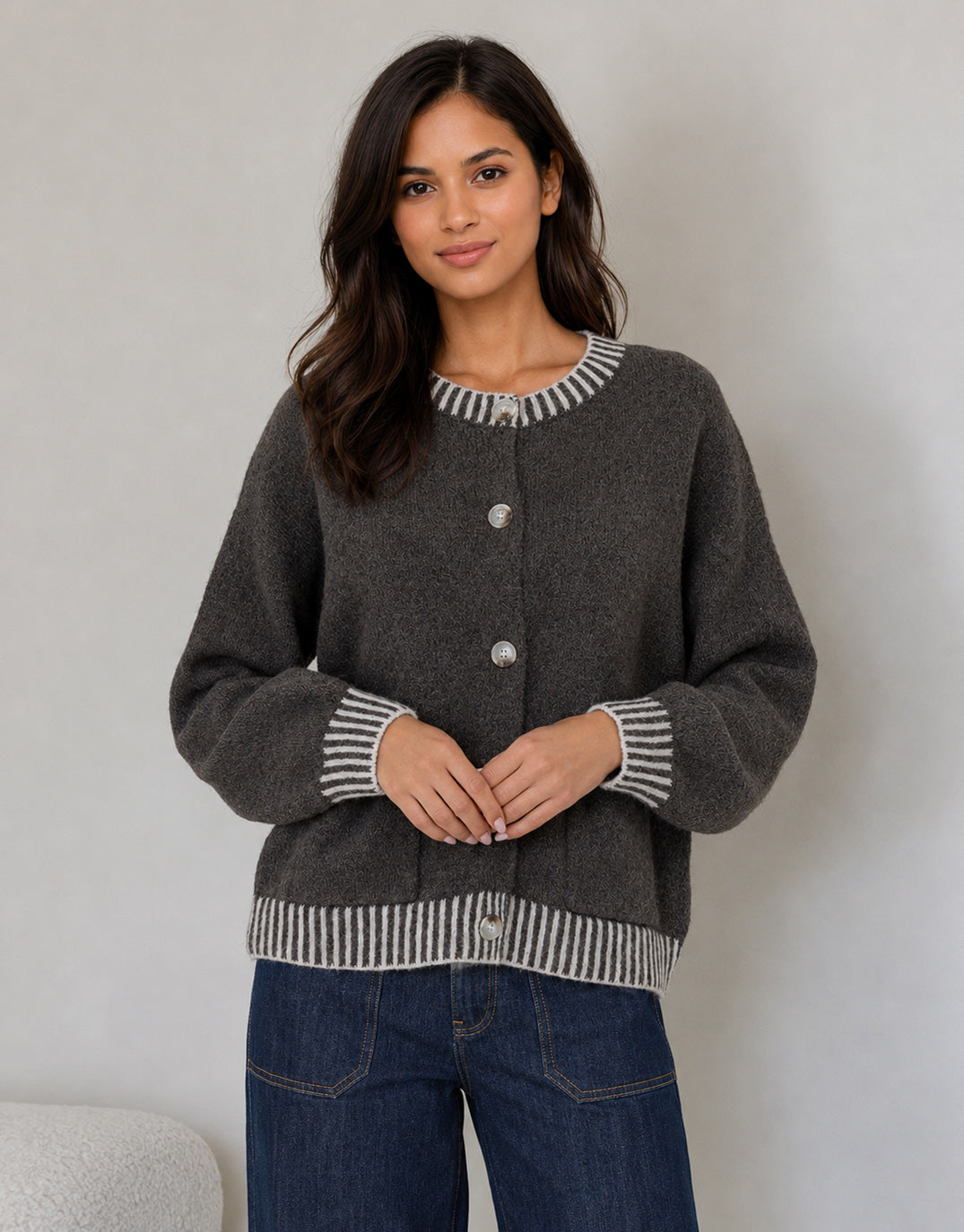 Image of a model wearing Outerwear. Product name - Macie Wool Blend Cardi Choc in Choc colour by brand - 132 Fashion