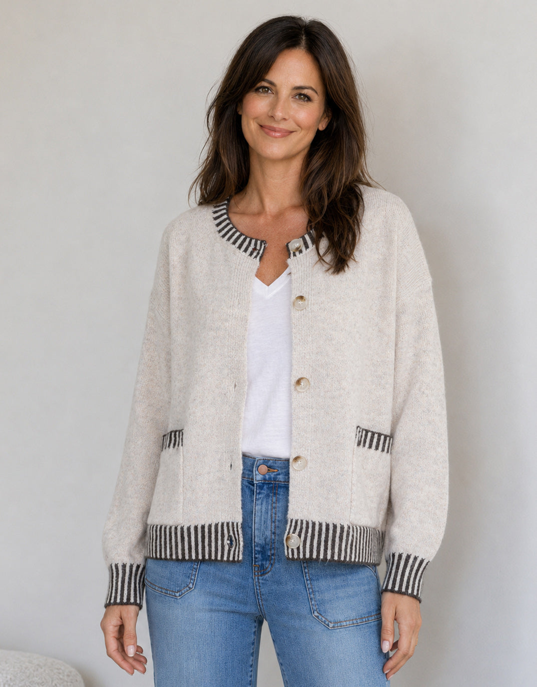 Image of Cardigans. Product name - Macie Wool Blend Cardi Latte/Choc in Latte/Choc colour by brand - 132 Fashion