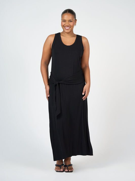 Image of Dresses. Product name - Macy Belted Bamboo Maxi Dress in Black colour by brand - Lou Lou